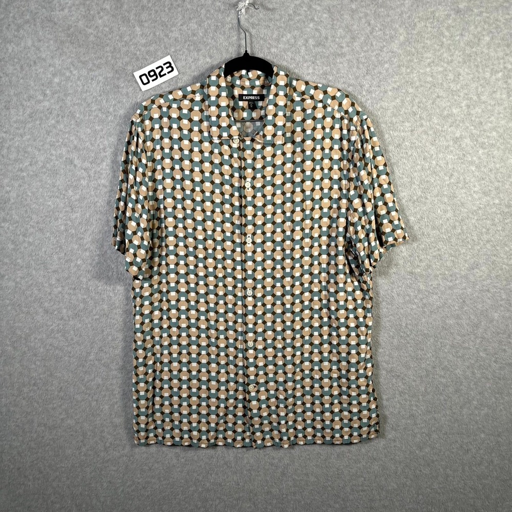 Express Shirt Mens Medium Teal Beige Geometric Rayon Short Sleeve Button Up